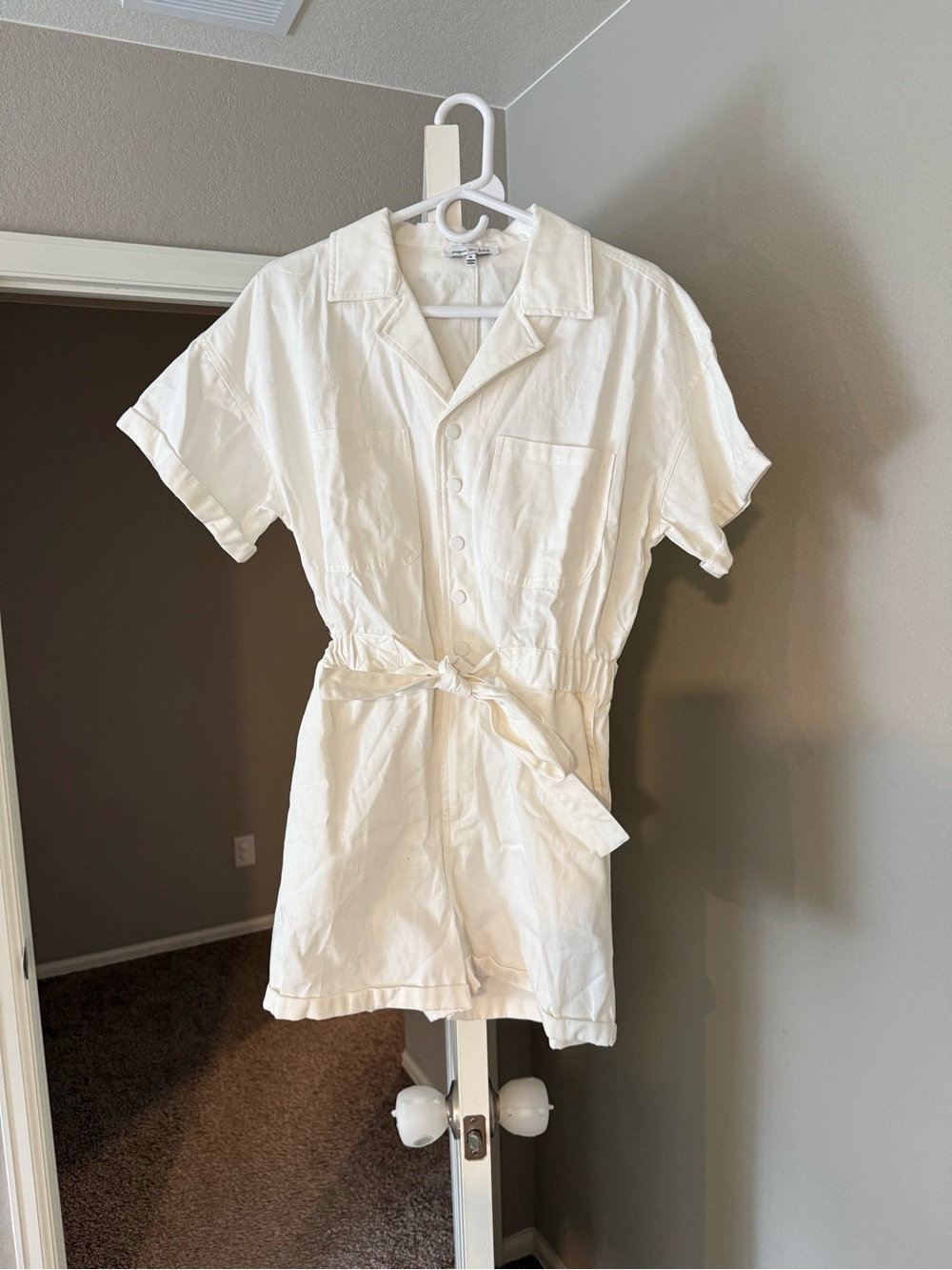 White Short-Sleeve Button Romper with Tie Waist